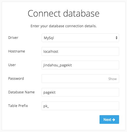 pagekit - connect database