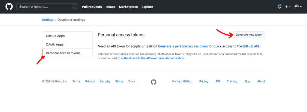 personal access tokens and generate